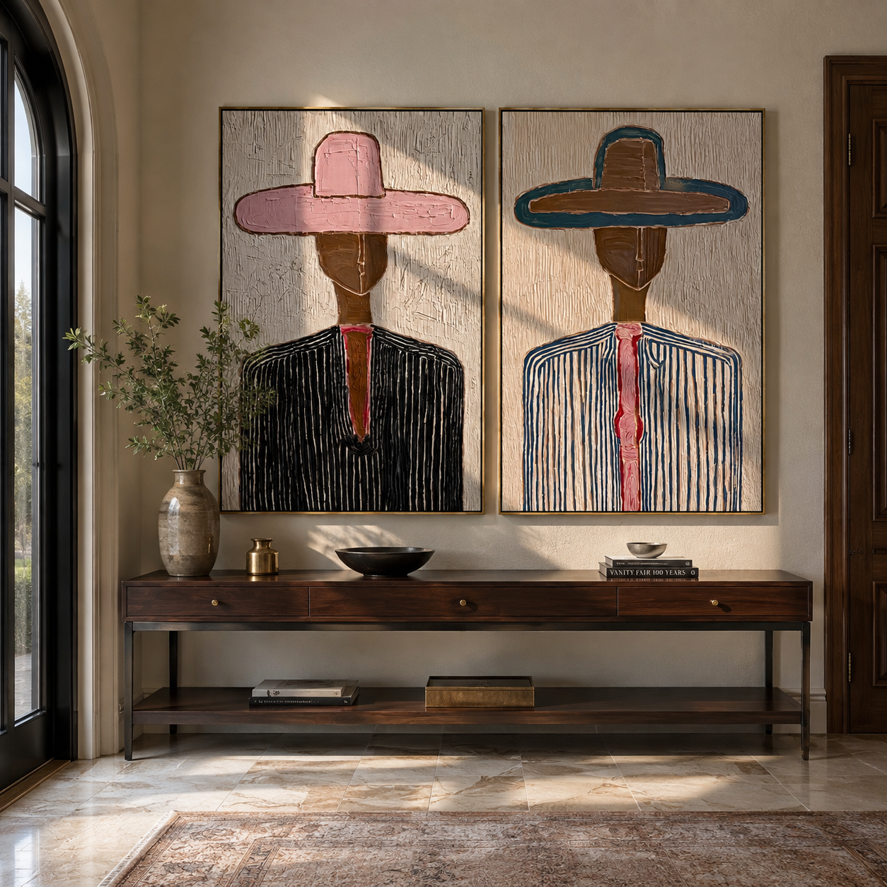 Blue Shirts Stand Tall diptych presented with natural materials and decor