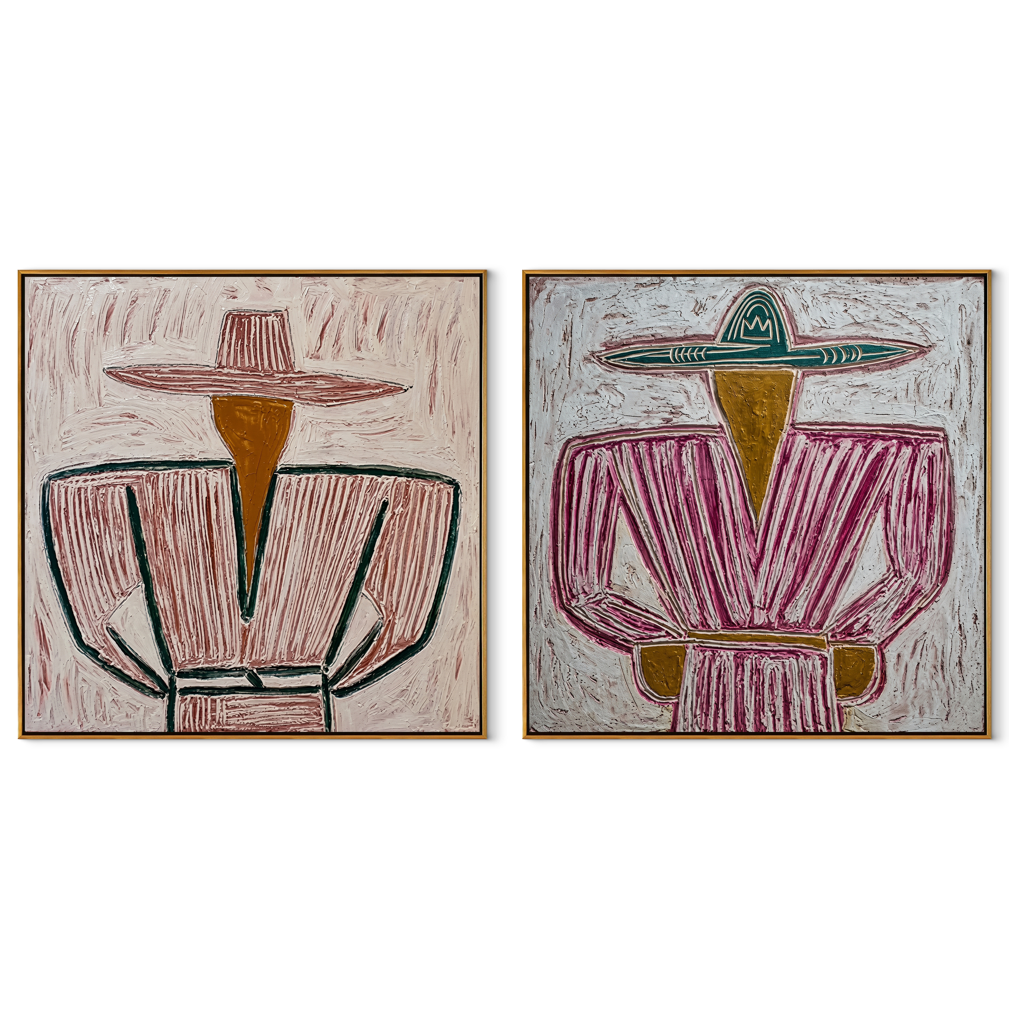 Mauve Cowboys Follow Lines set of two square canvas artworks on white