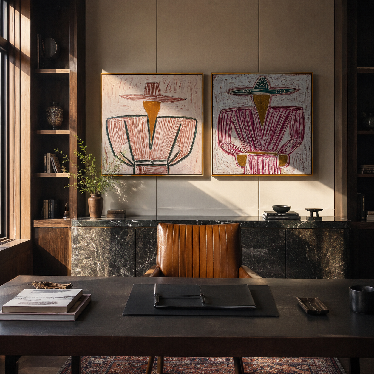 Mauve Cowboys Follow Lines paired wall art styled above modern furniture