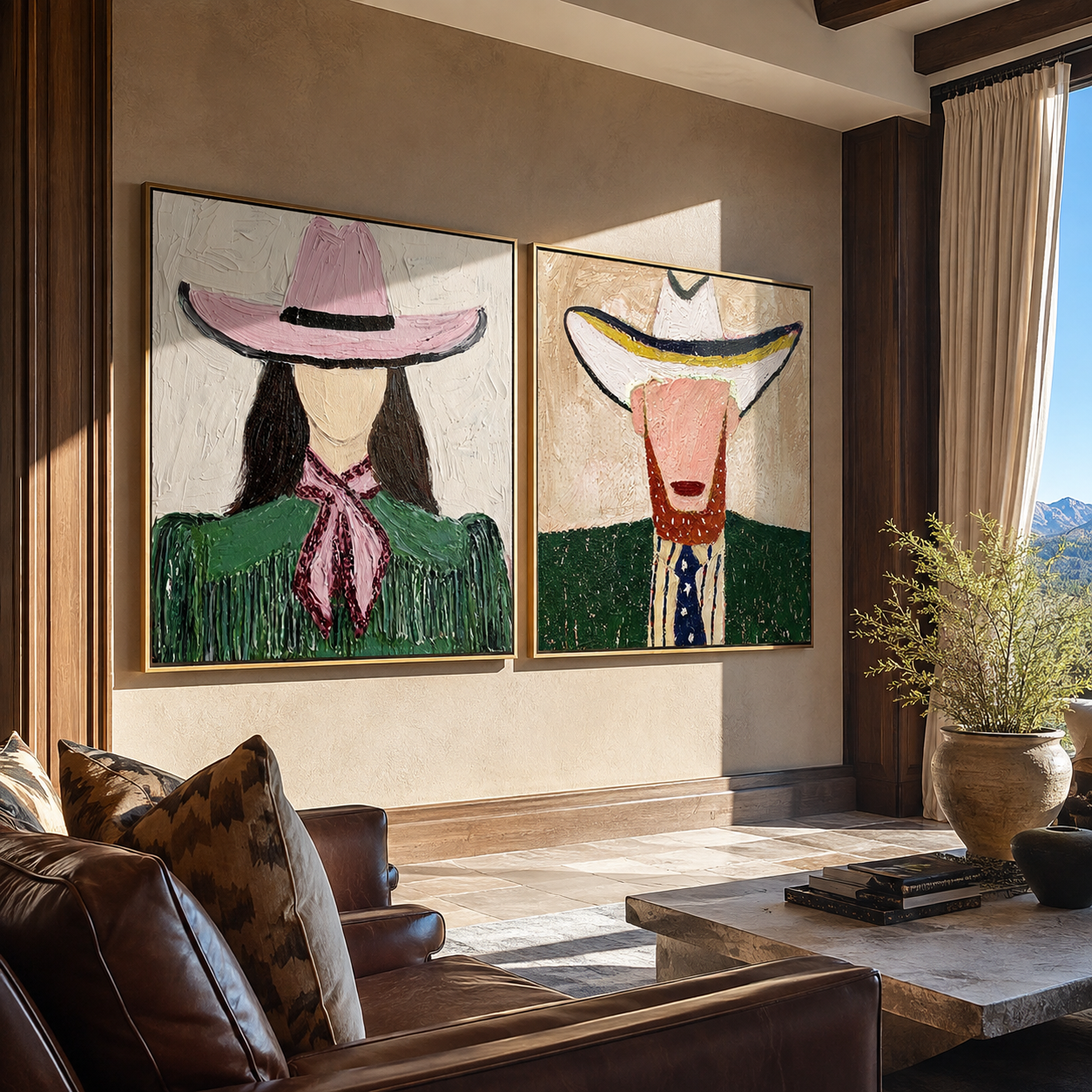Green Brims Share Shade diptych presented with natural materials and decor