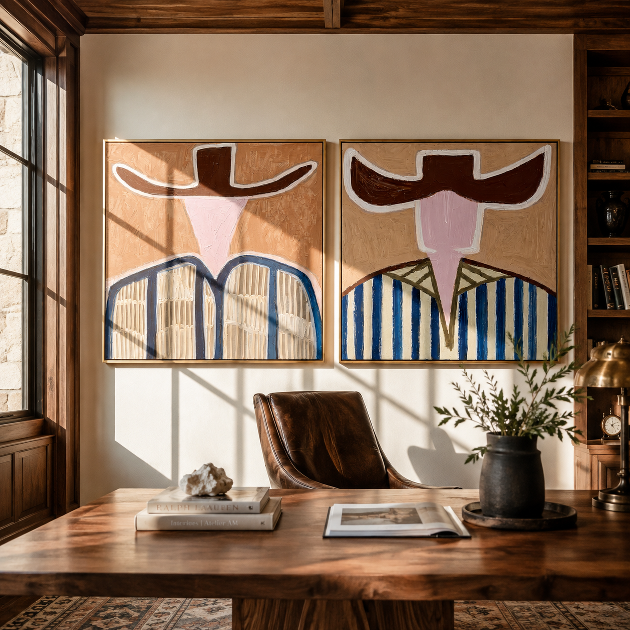 Blue Bands Cross Dust Western diptych displayed in a contemporary interior