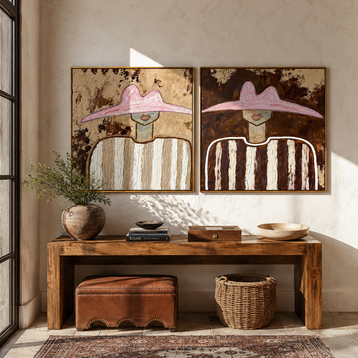 Rose Brims Weather Time paired wall art styled above modern furniture