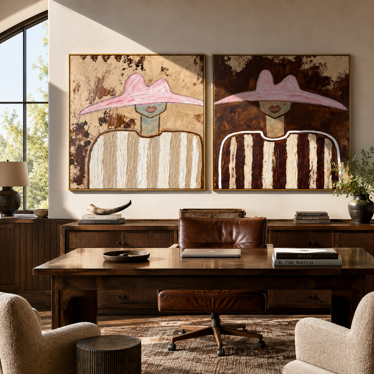 Rose Brims Weather Time diptych presented with natural materials and decor