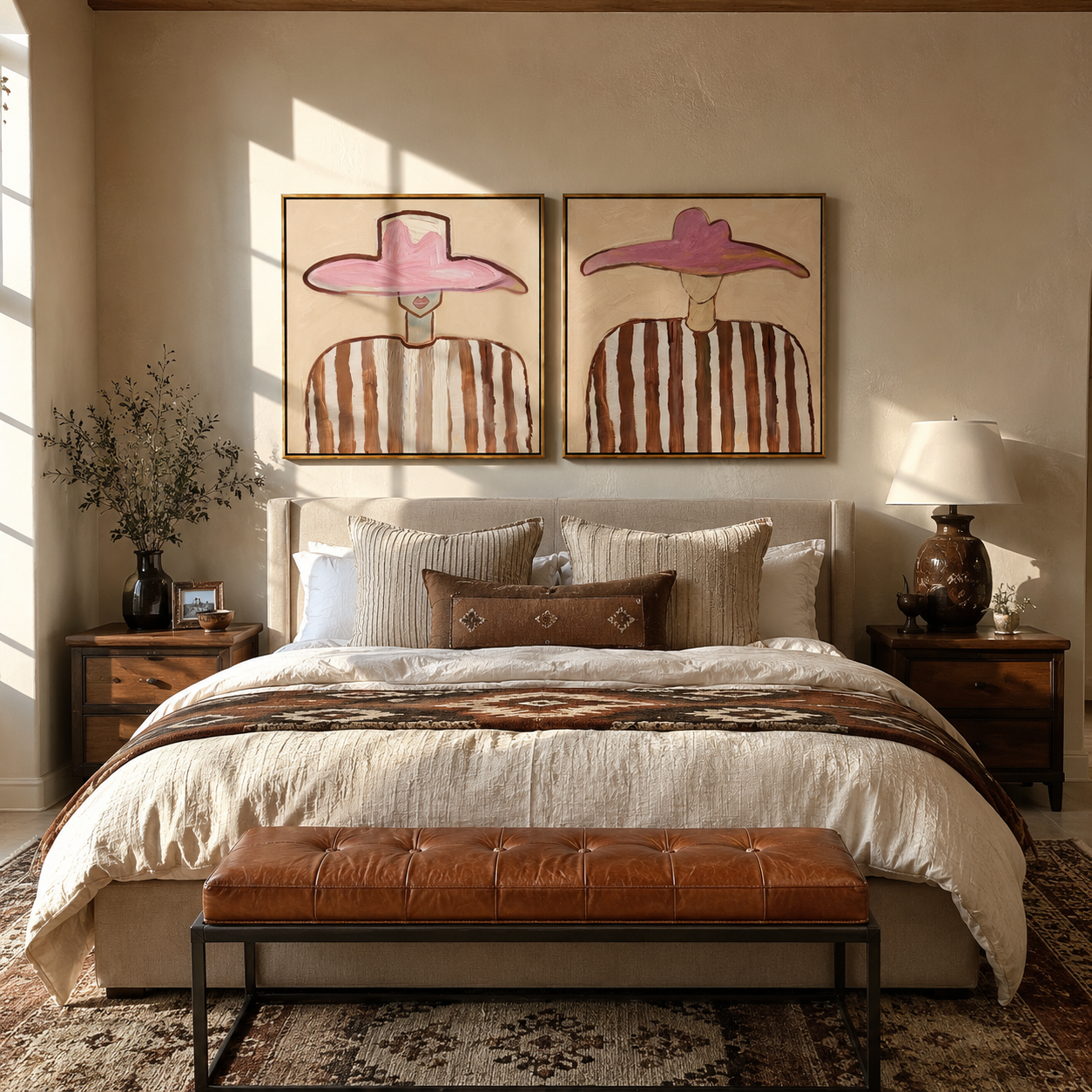 Striped Pink Hats Gather paired wall art styled above modern furniture