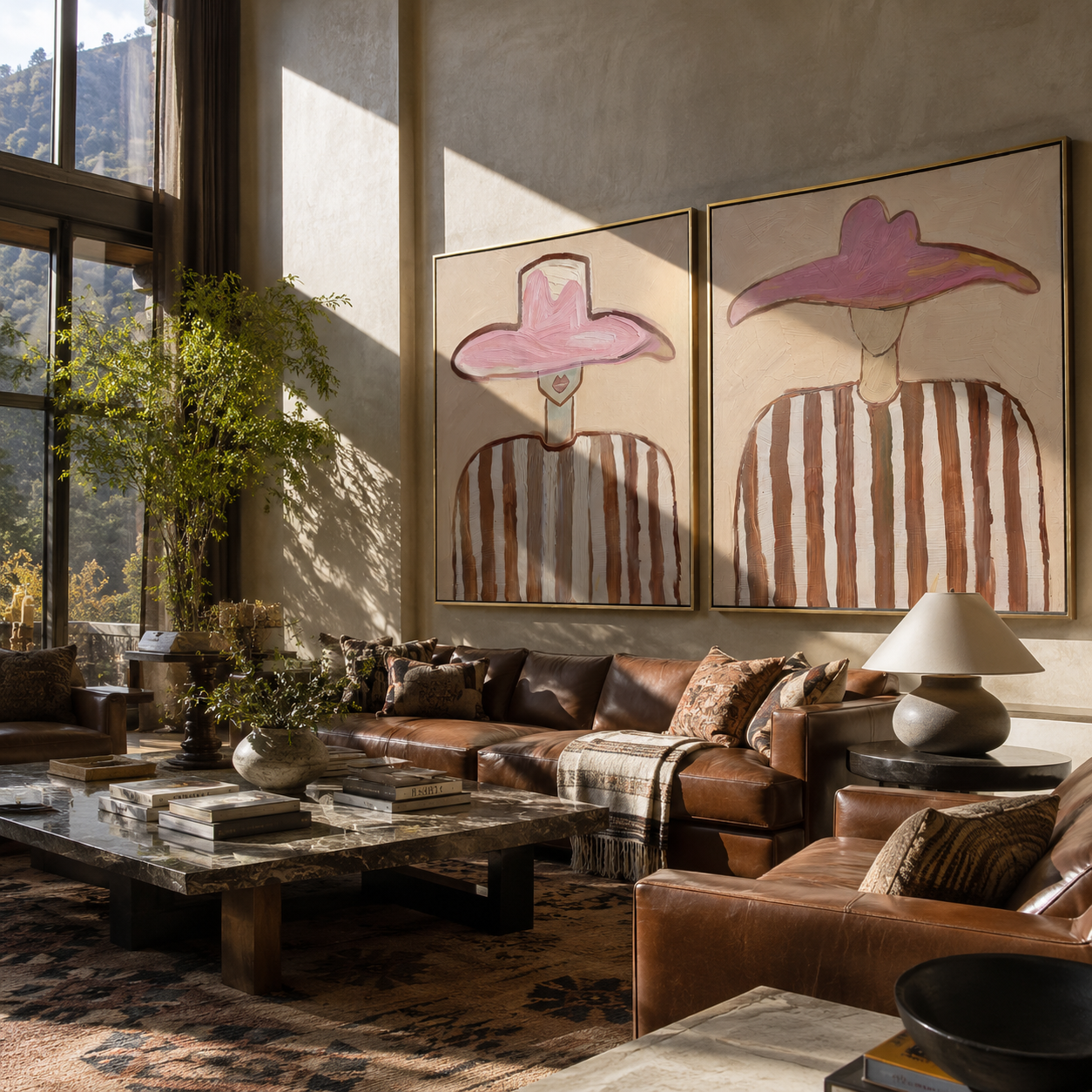 Striped Pink Hats Gather diptych presented with natural materials and decor