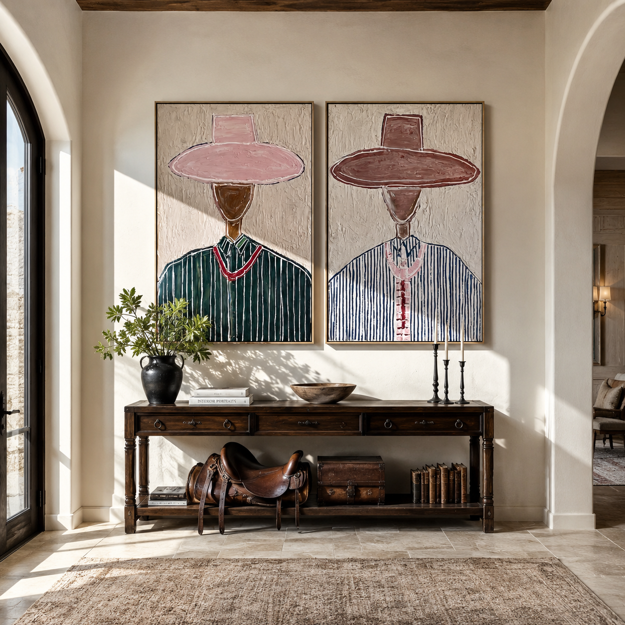 Tall Pink Brims Stand Western diptych displayed in a contemporary interior