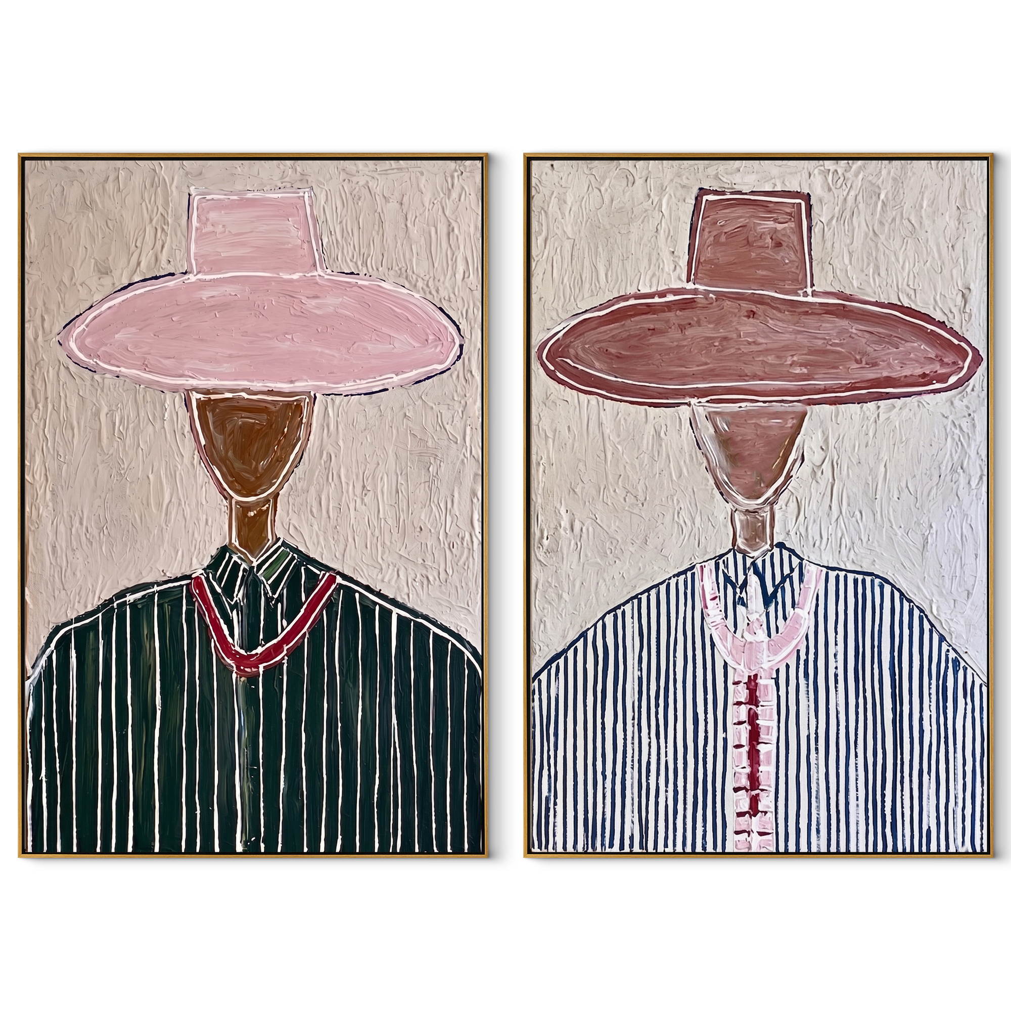 Tall Pink Brims Stand set of two vertical canvas artworks on white