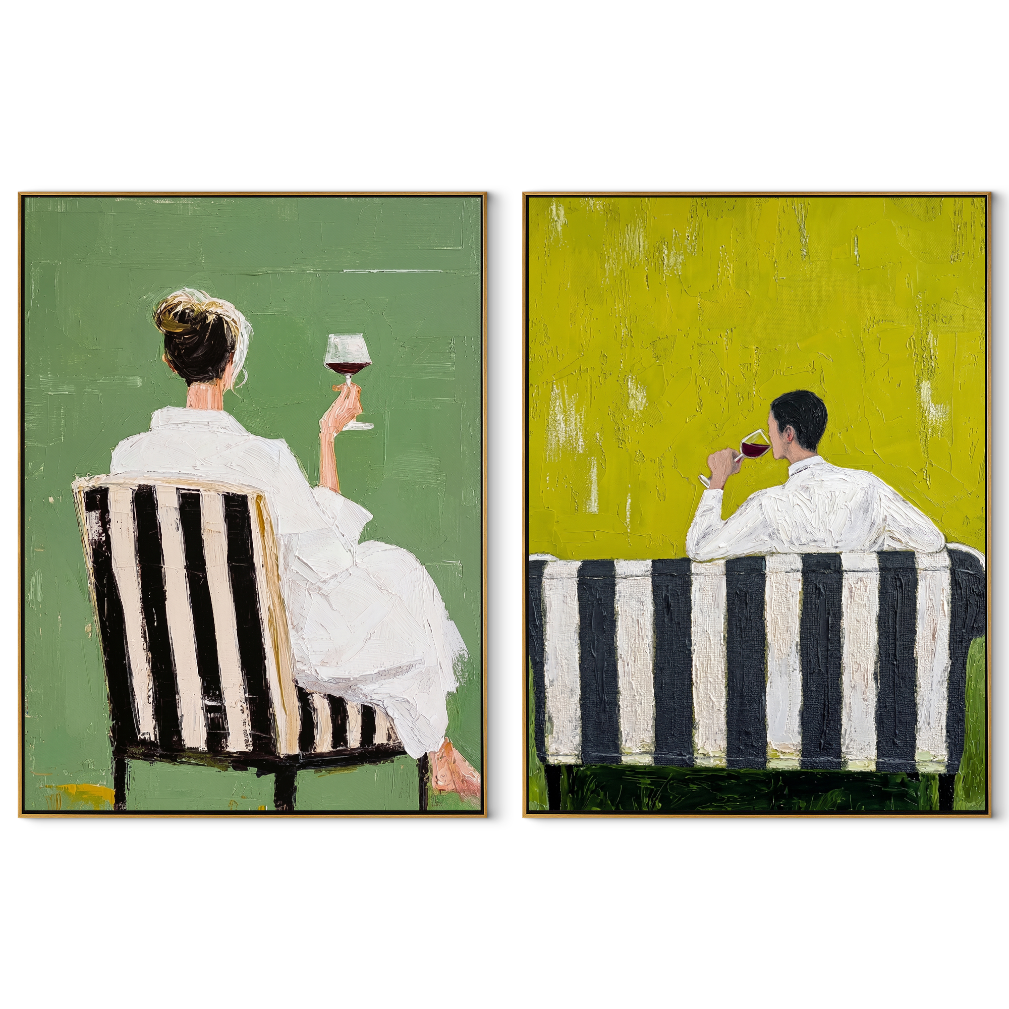 Seated Backs Share Green set of two vertical canvas artworks on white