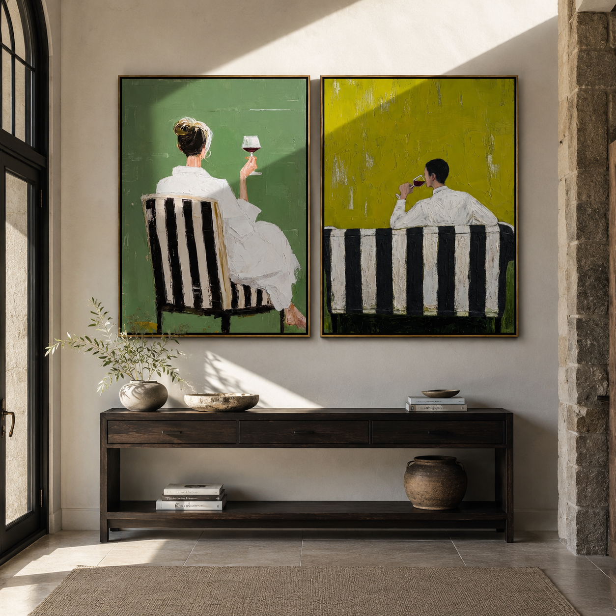 Seated Backs Share Green paired wall art styled above modern furniture