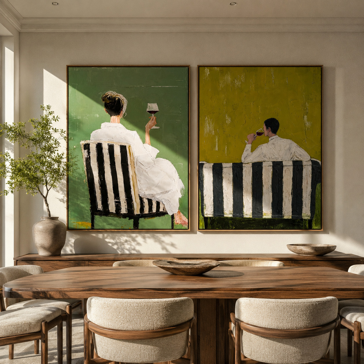 Seated Backs Share Green Vintage Americana diptych in a collected room