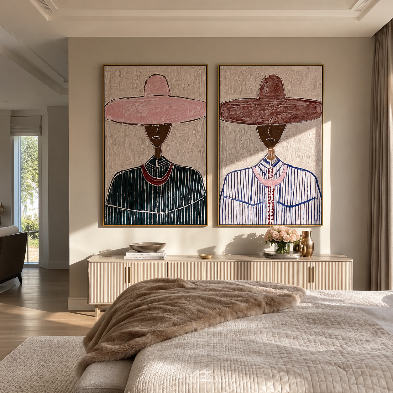 Burgundy Sombreros Reach High Western diptych displayed in a contemporary interior