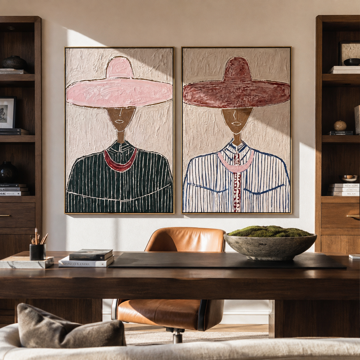Burgundy Sombreros Reach High diptych presented with natural materials and decor