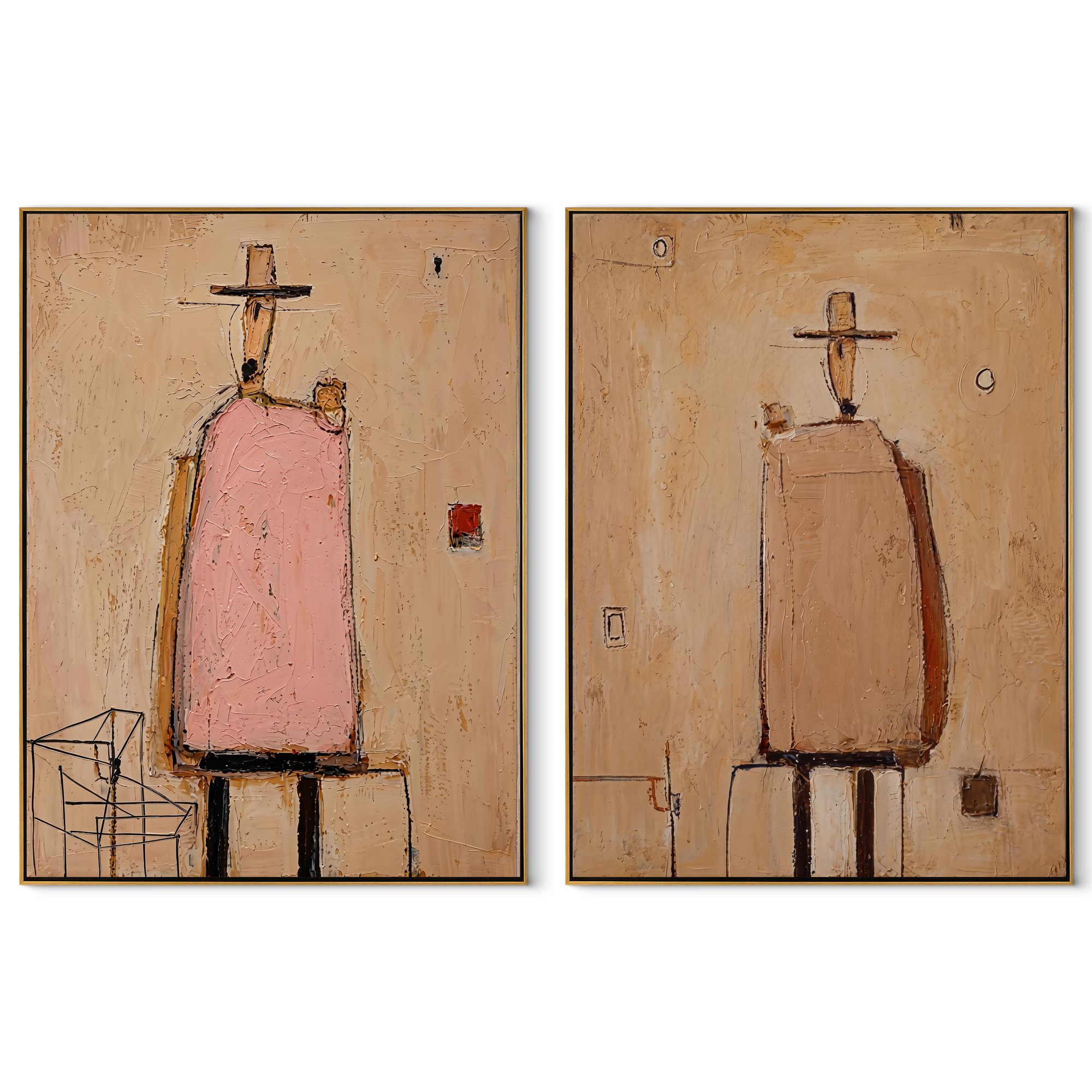 Pink Coats Hold Silence set of two vertical canvas artworks on white