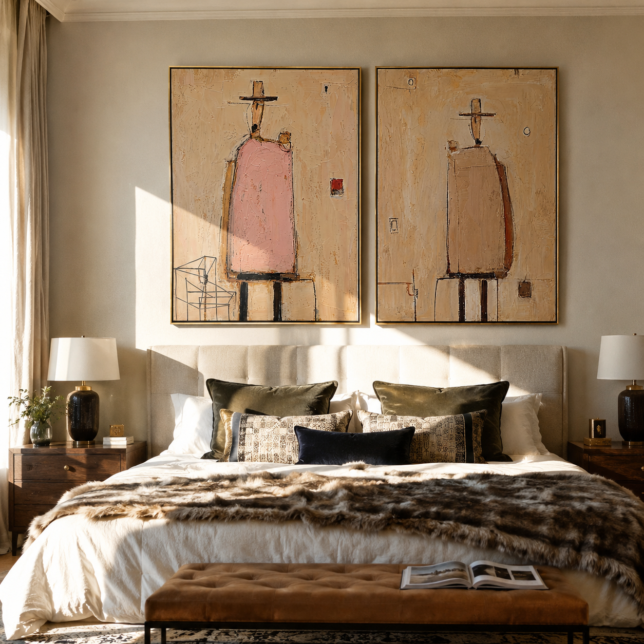 Pink Coats Hold Silence paired wall art styled above modern furniture