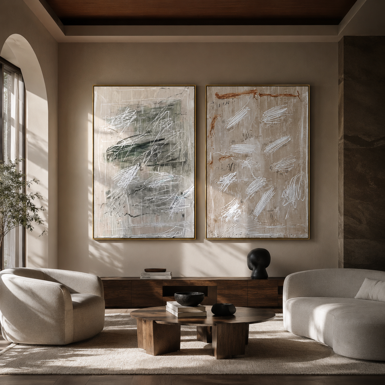 Neutral Marks Share Space Western diptych displayed in a contemporary interior