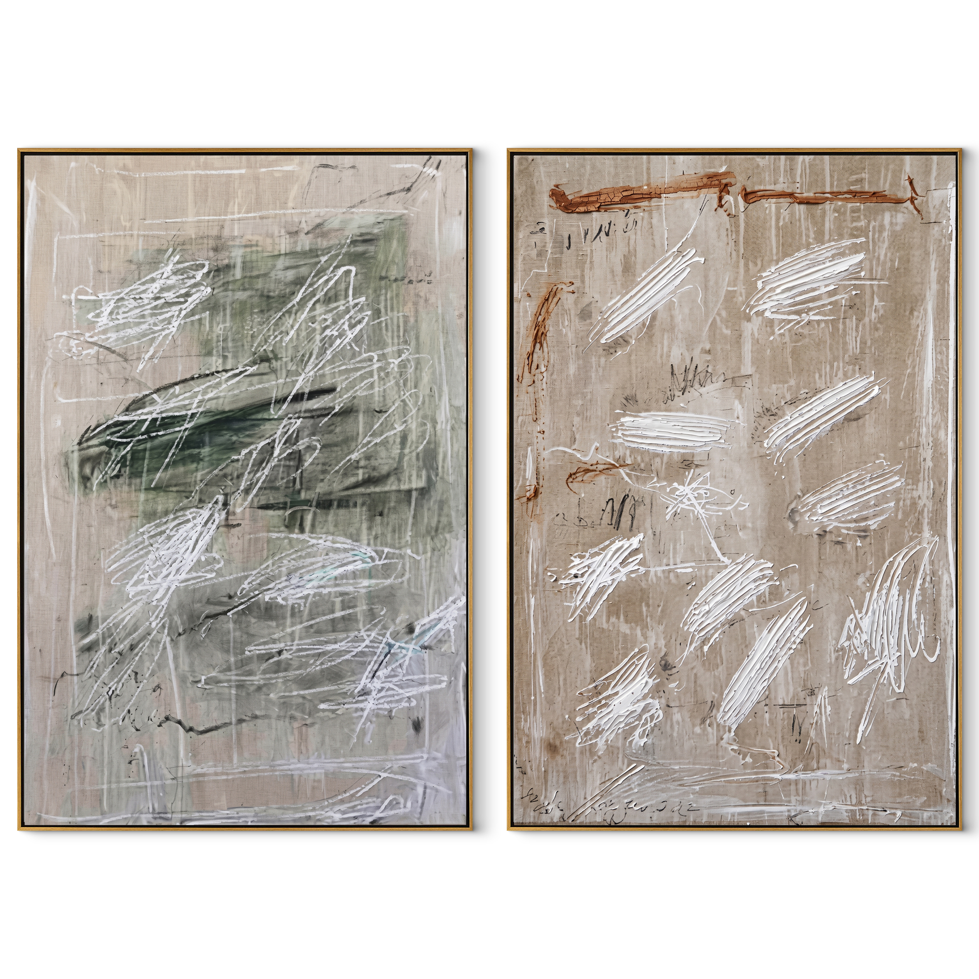 Neutral Marks Share Space set of two vertical canvas artworks on white