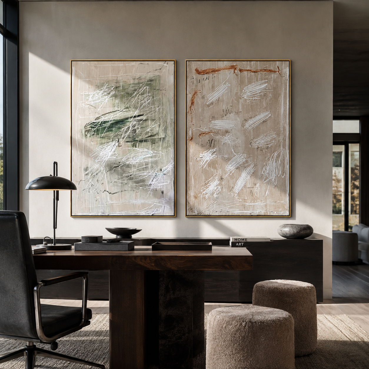 Neutral Marks Share Space paired wall art styled above modern furniture
