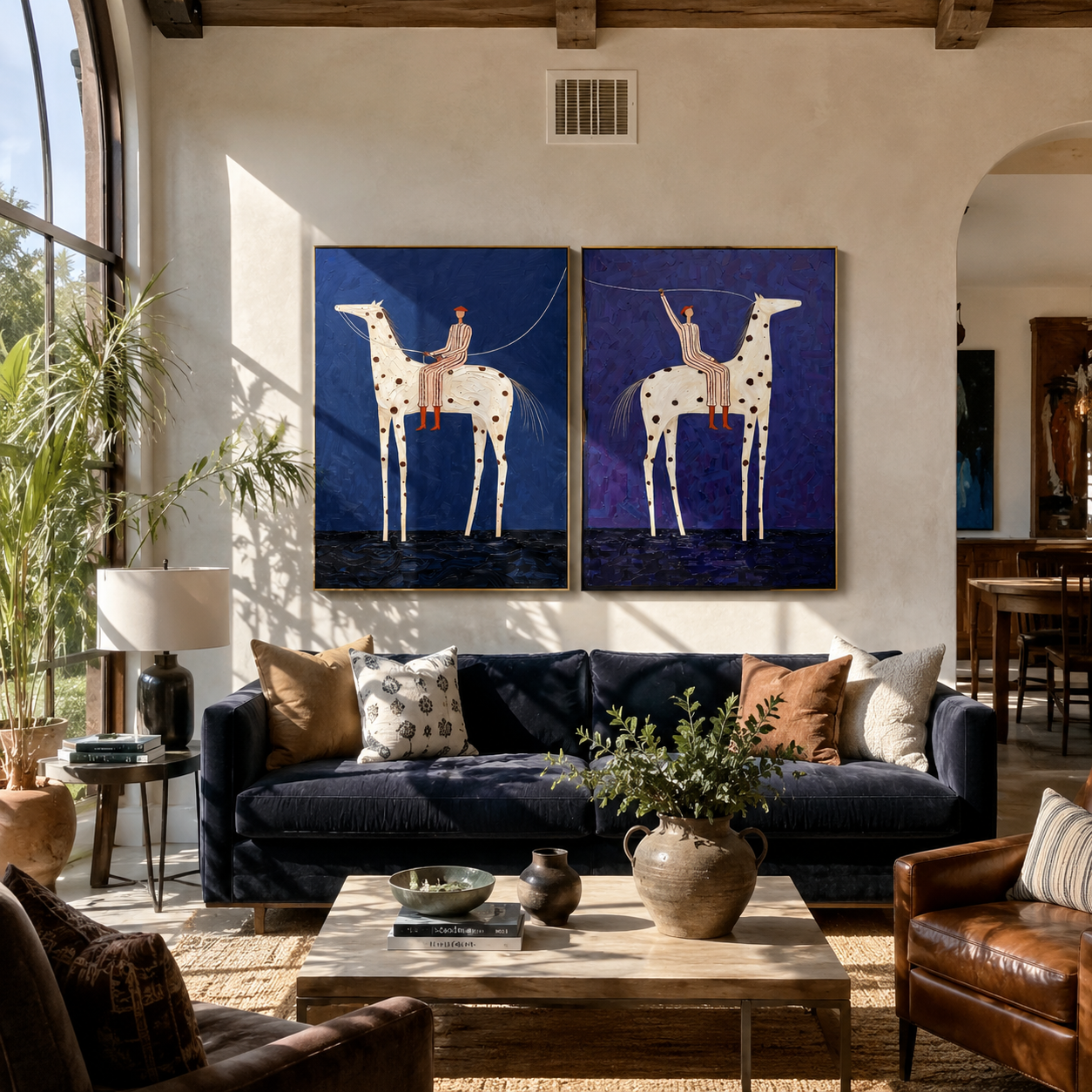 Spotted Horses Cross Blue Western diptych displayed in a contemporary interior