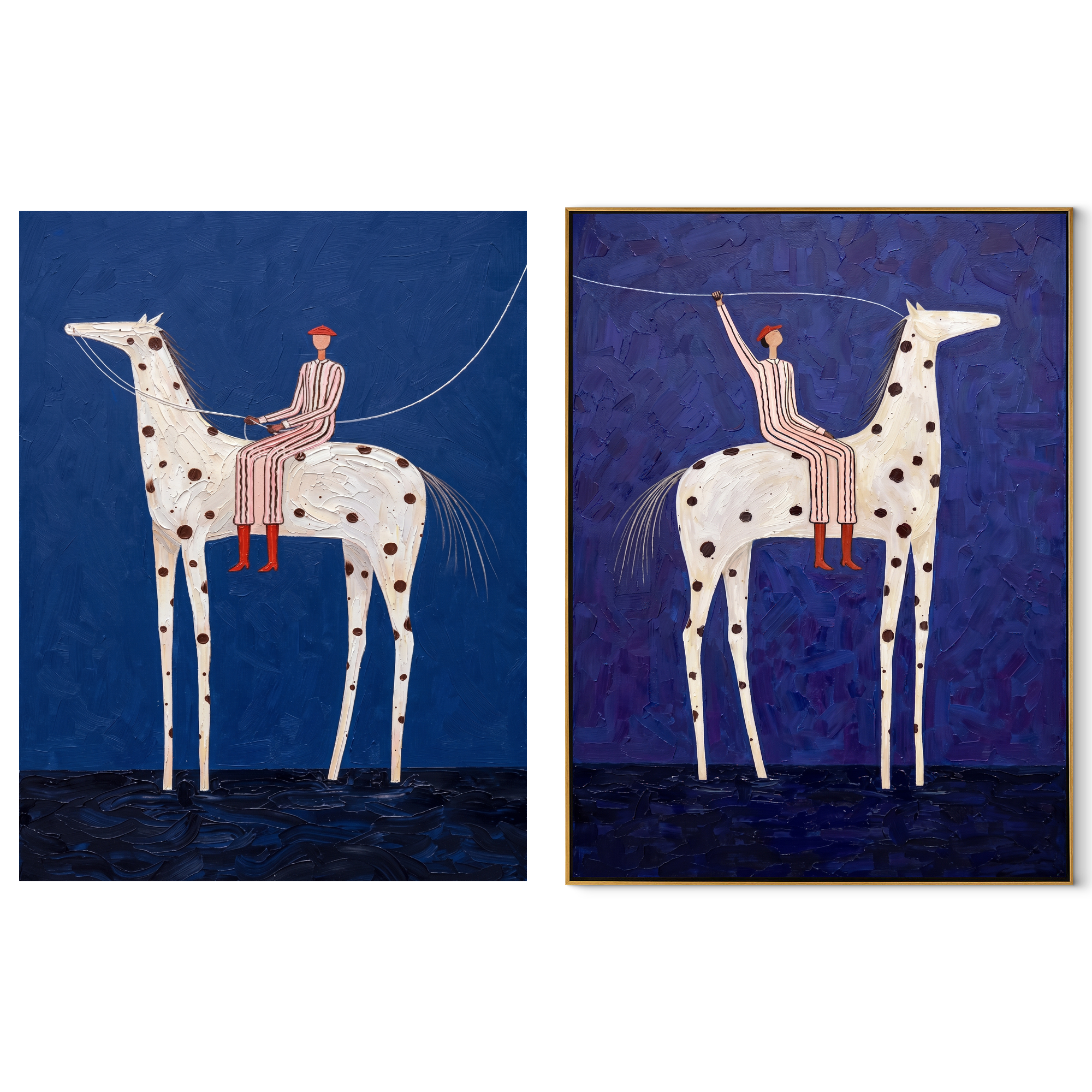Spotted Horses Cross Blue set of two vertical canvas artworks on white