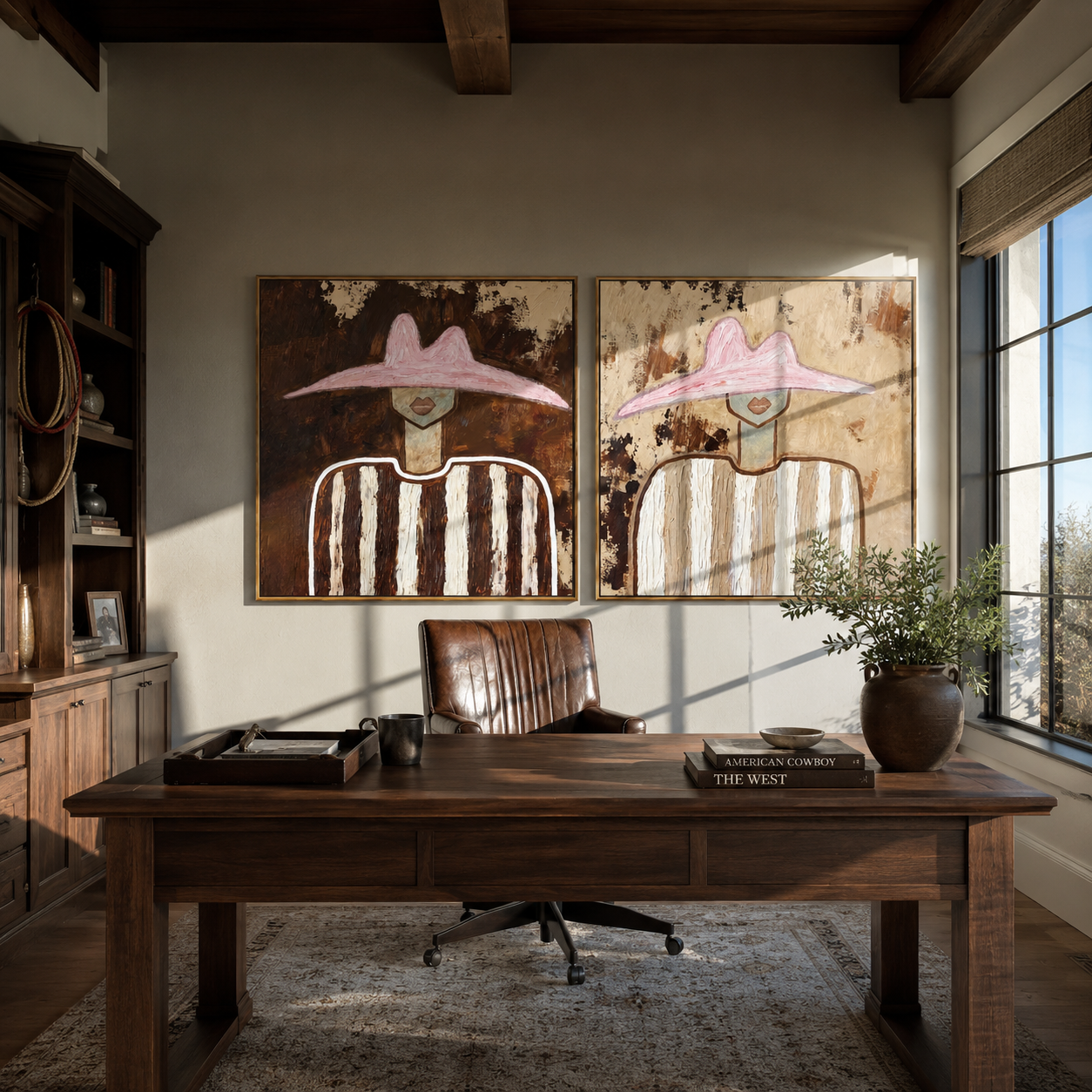 Rose Hats Weather Dust Western diptych displayed in a contemporary interior