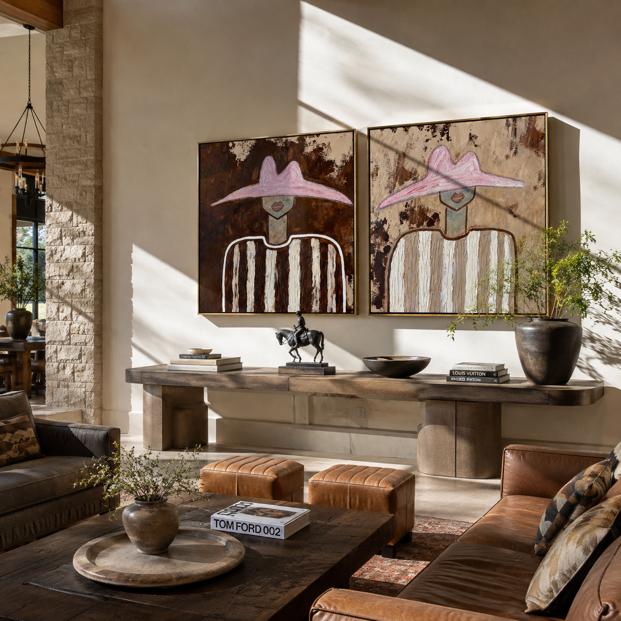 Rose Hats Weather Dust paired wall art styled above modern furniture