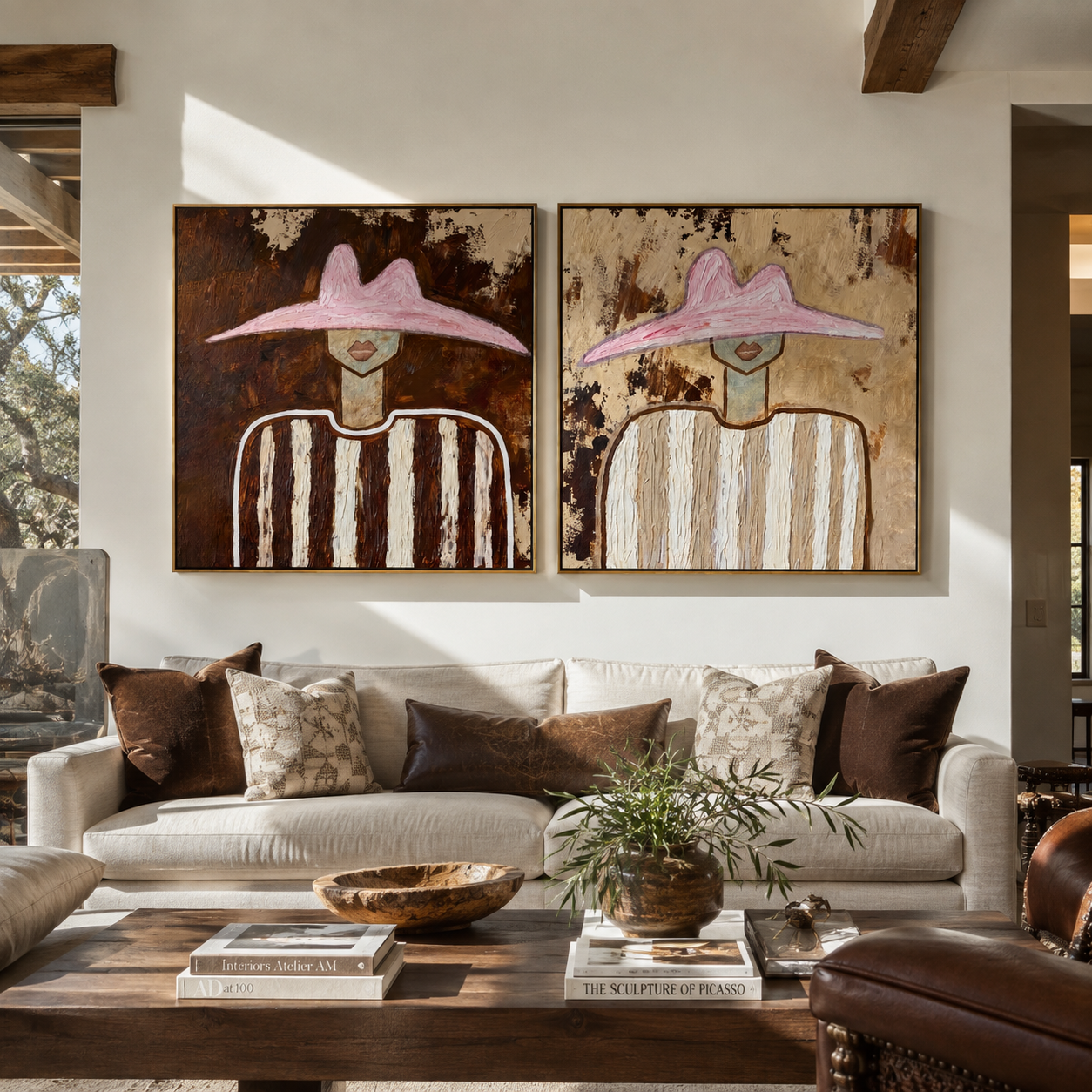 Rose Hats Weather Dust Vintage Americana diptych in a collected room