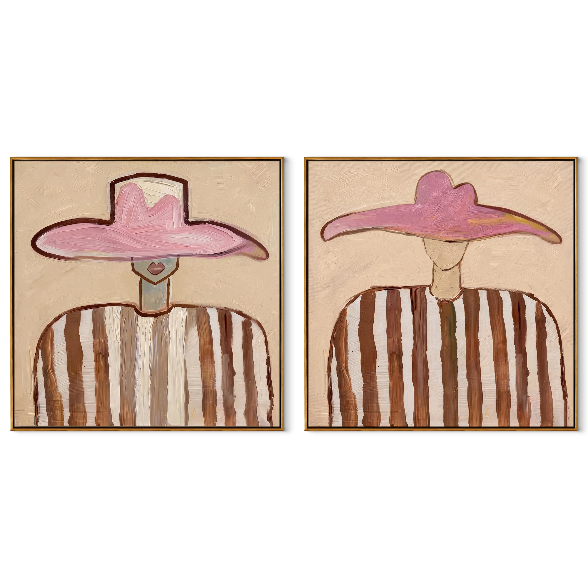 Pink Brims Meet Stripes set of two square canvas artworks on white