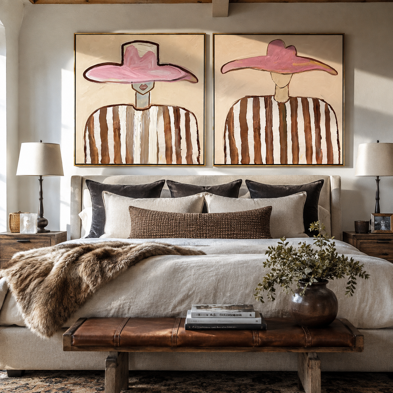 Pink Brims Meet Stripes Vintage Americana diptych in a collected room