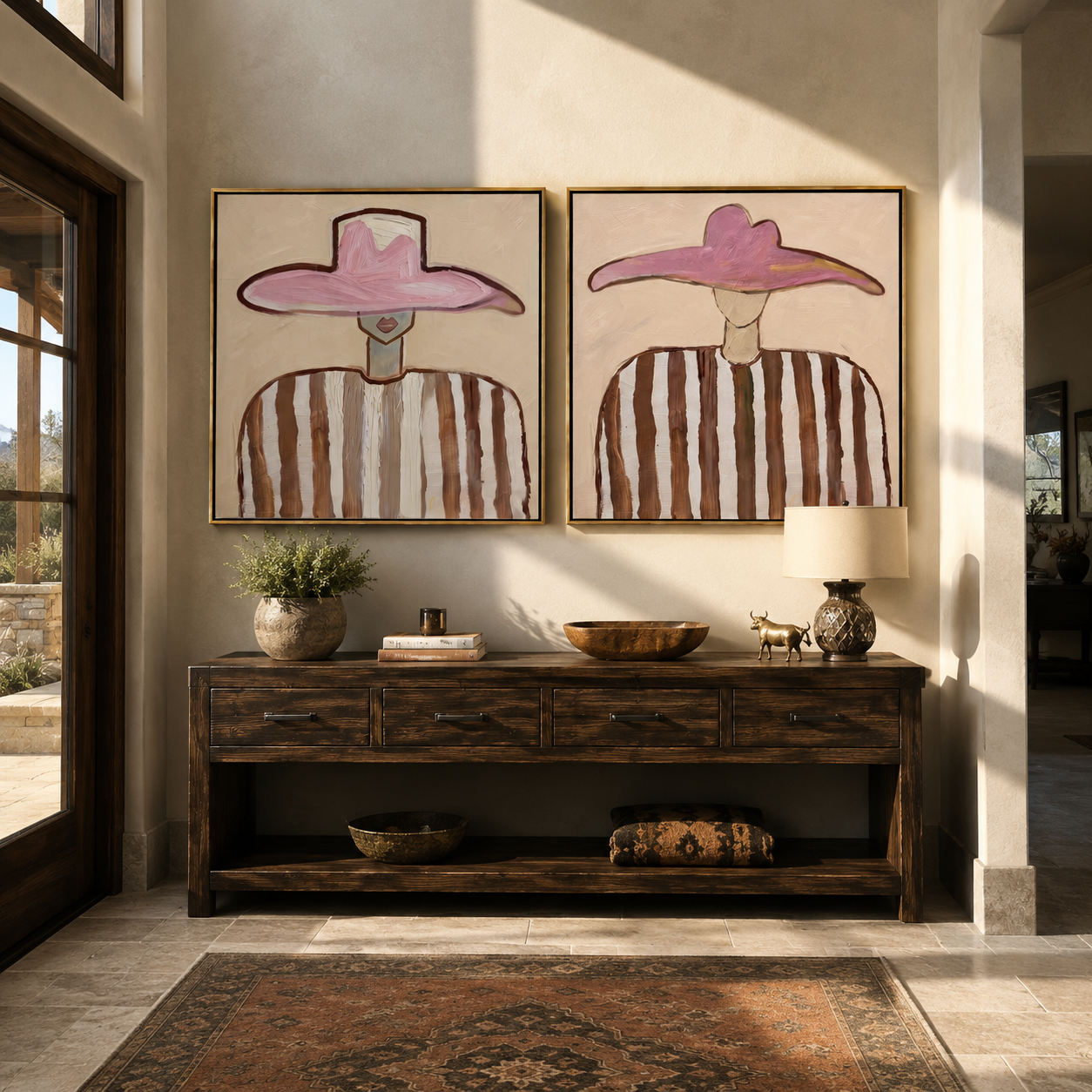 Pink Brims Meet Stripes two-panel Western artwork with layered color