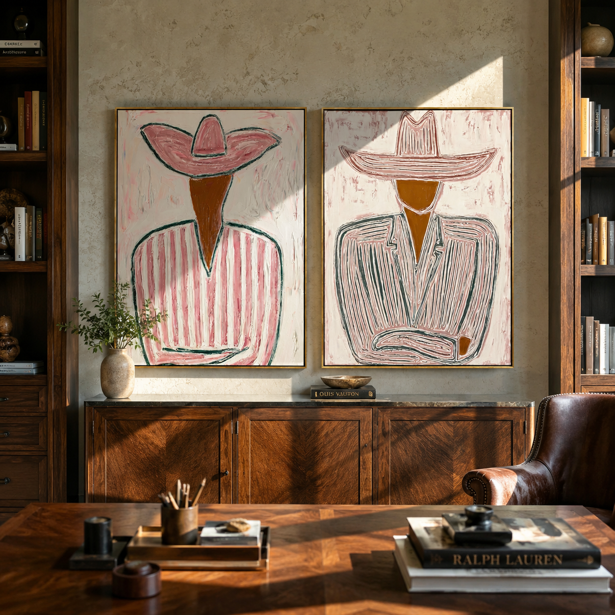 Cowboy Lines Hold Rose diptych presented with natural materials and decor