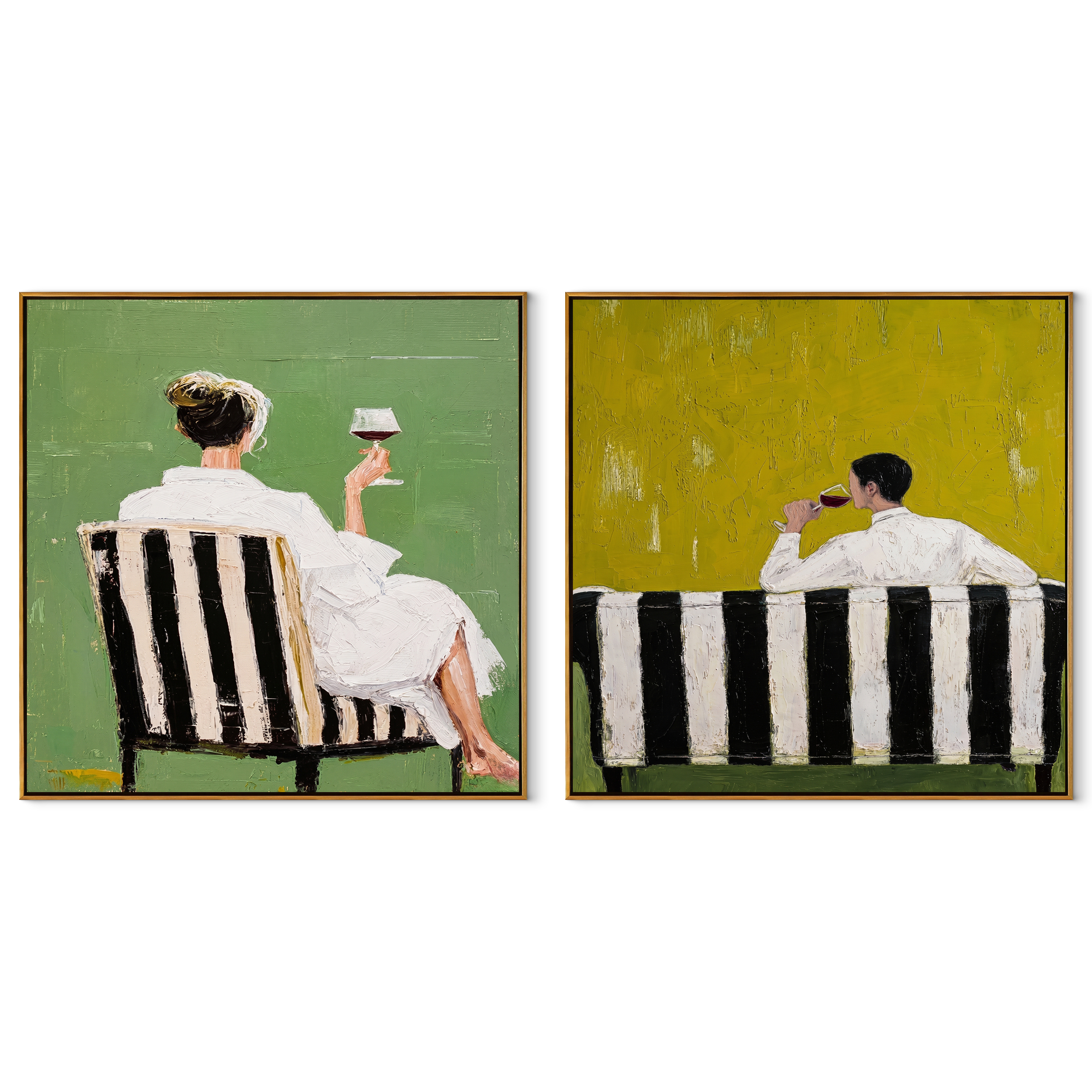 Green Backs Share Stillness set of two square canvas artworks on white