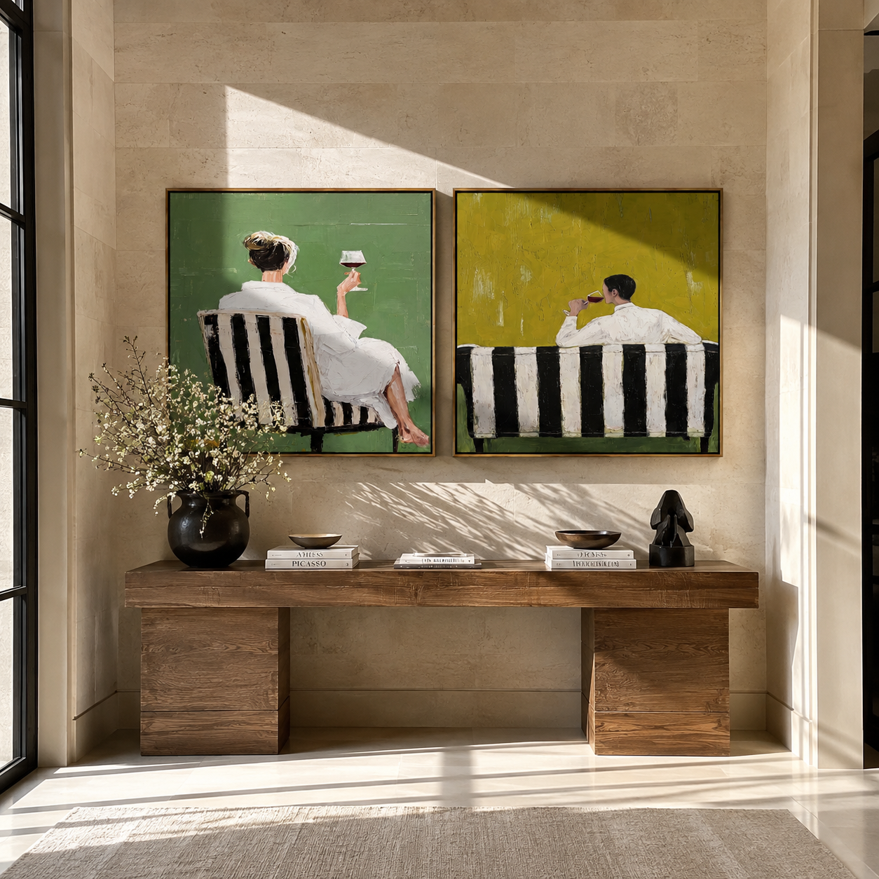 Green Backs Share Stillness paired wall art styled above modern furniture