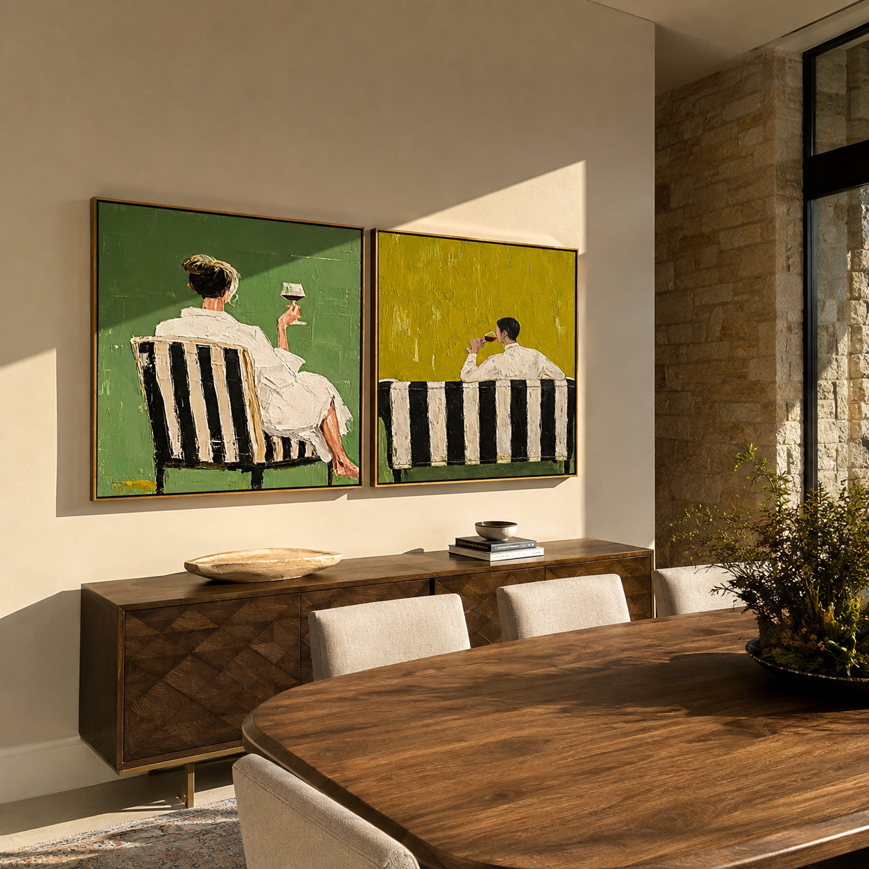 Green Backs Share Stillness Vintage Americana diptych in a collected room