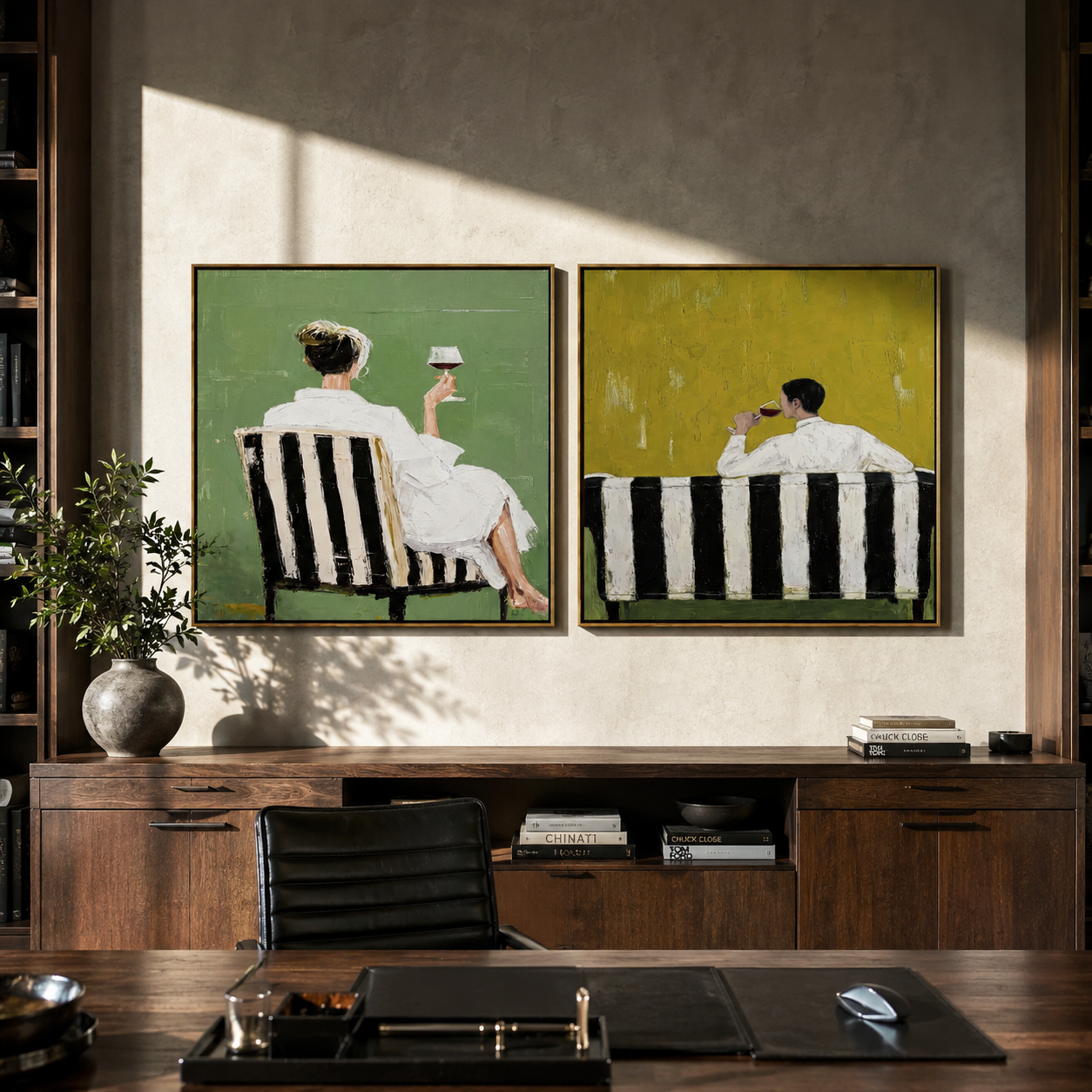 Green Backs Share Stillness diptych presented with natural materials and decor