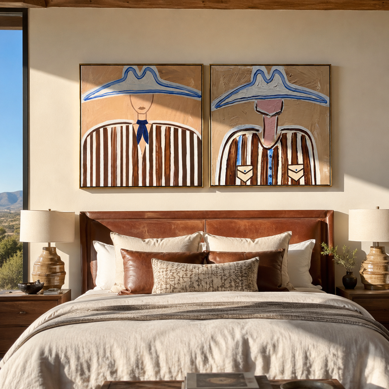 Blue Outlines Frame Cowboys Western diptych displayed in a contemporary interior