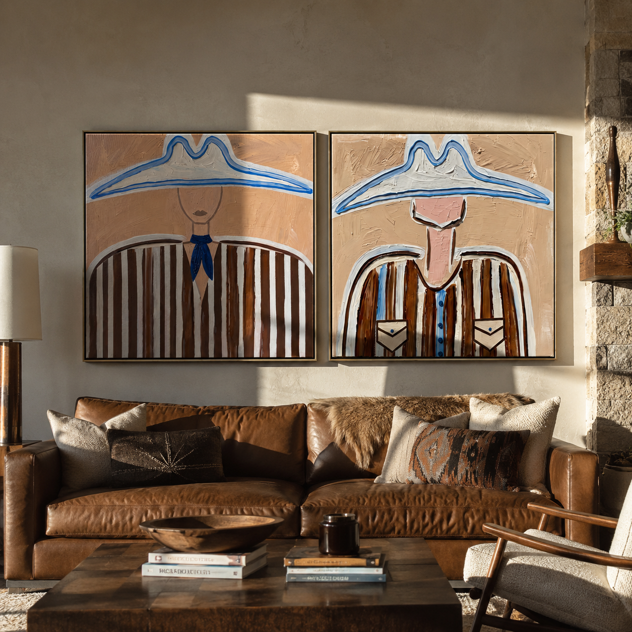 Blue Outlines Frame Cowboys two-panel Western artwork with layered color