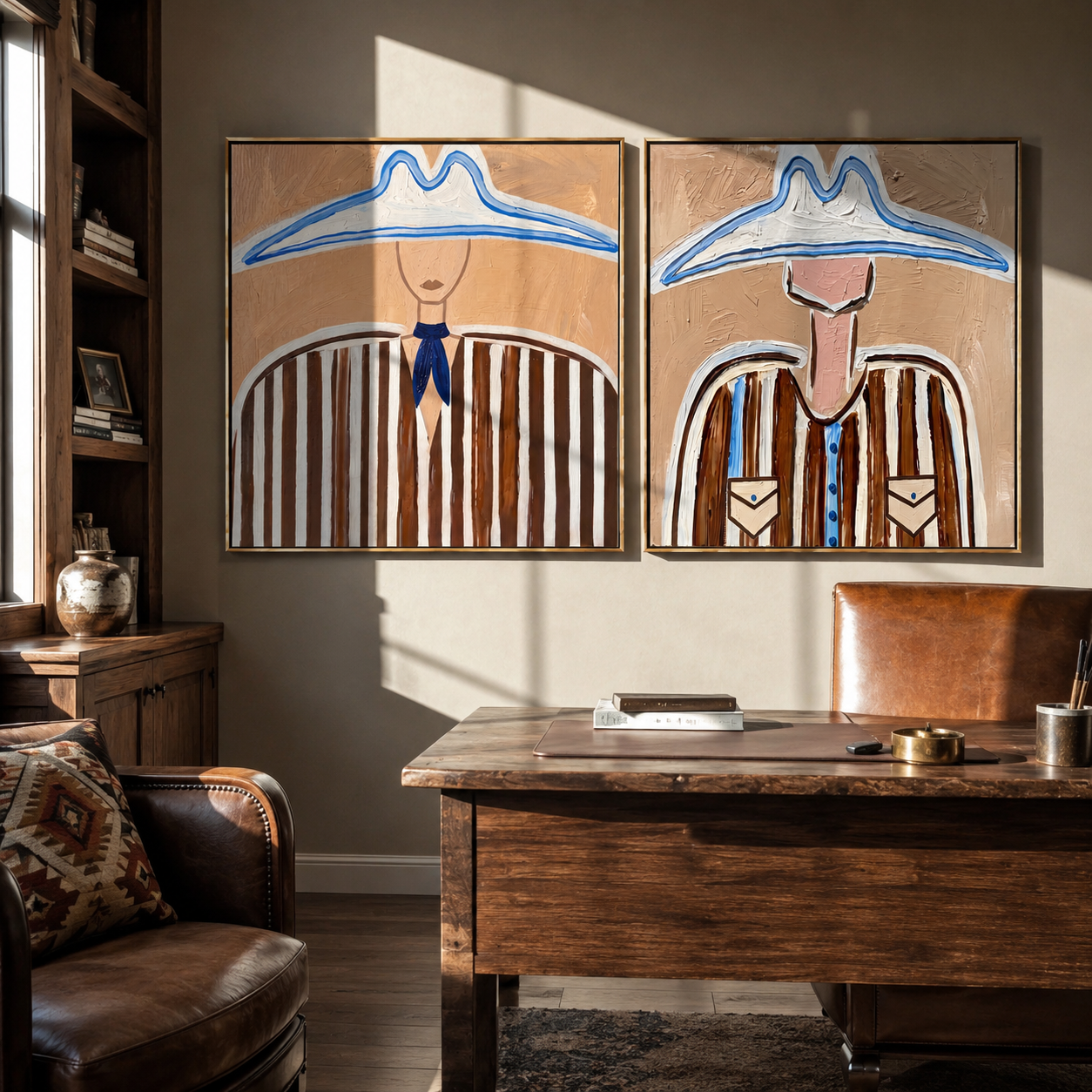 Blue Outlines Frame Cowboys diptych presented with natural materials and decor