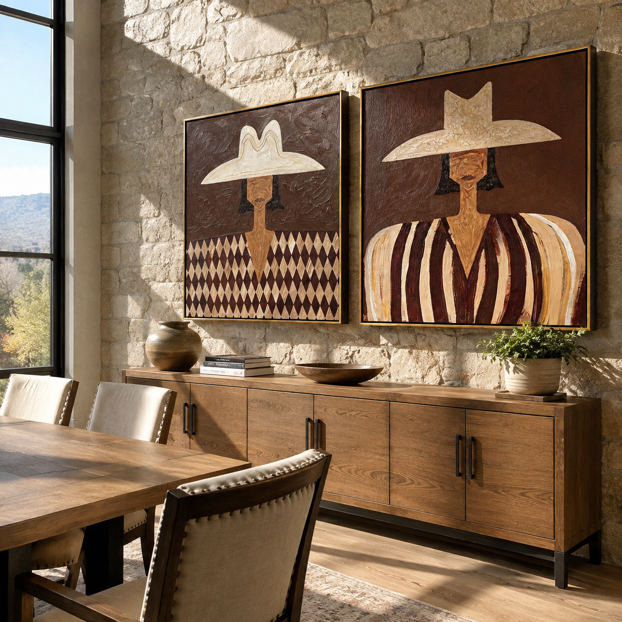 Diamond Shirts Meet Dust Western diptych displayed in a contemporary interior