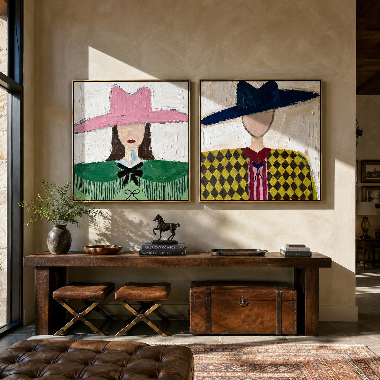 Fashion Brims Hold Earth paired wall art styled above modern furniture