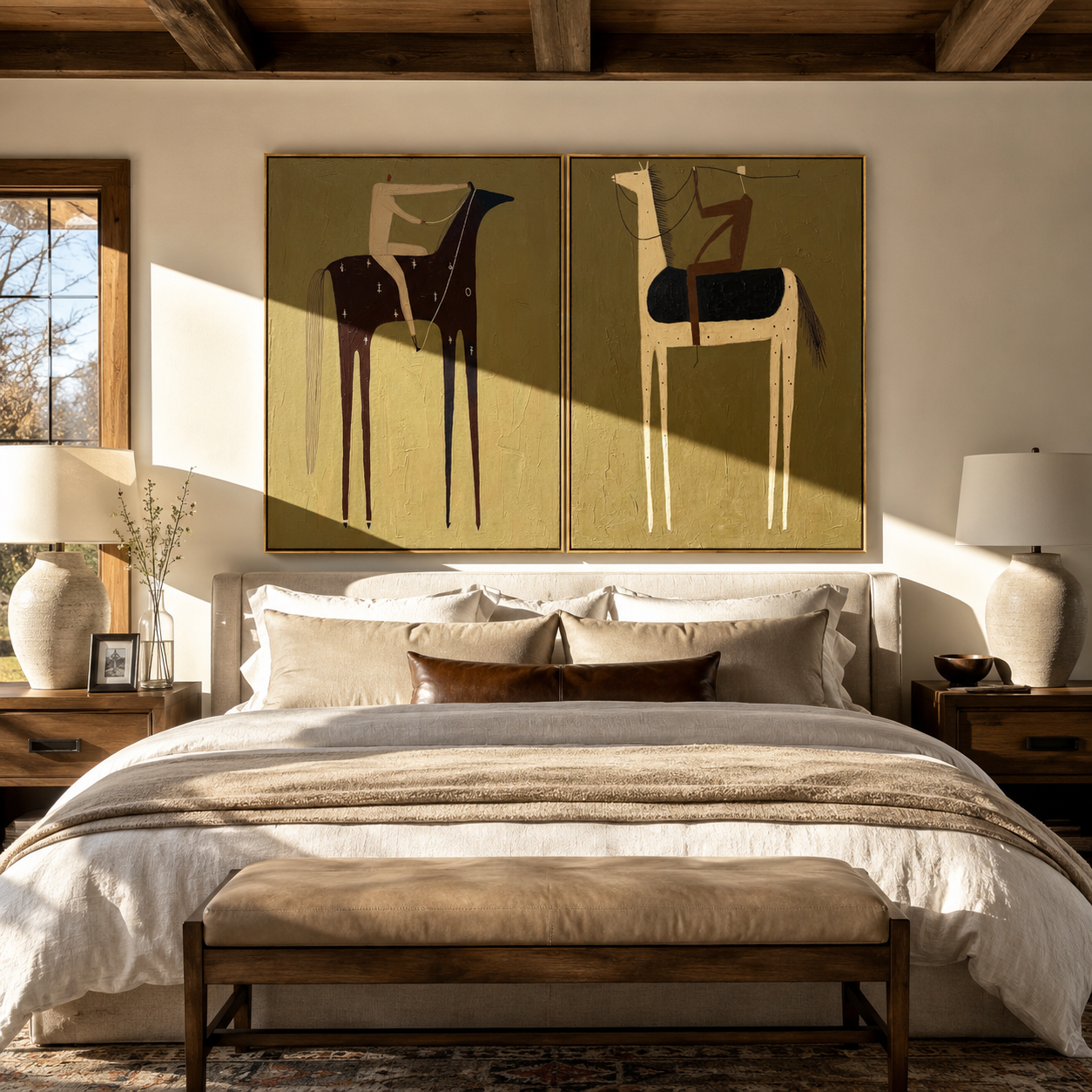 Olive Riders Cross Quiet Vintage Americana diptych in a collected room