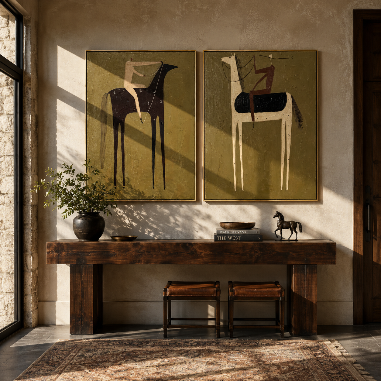 Olive Riders Cross Quiet two-panel Western artwork with layered color
