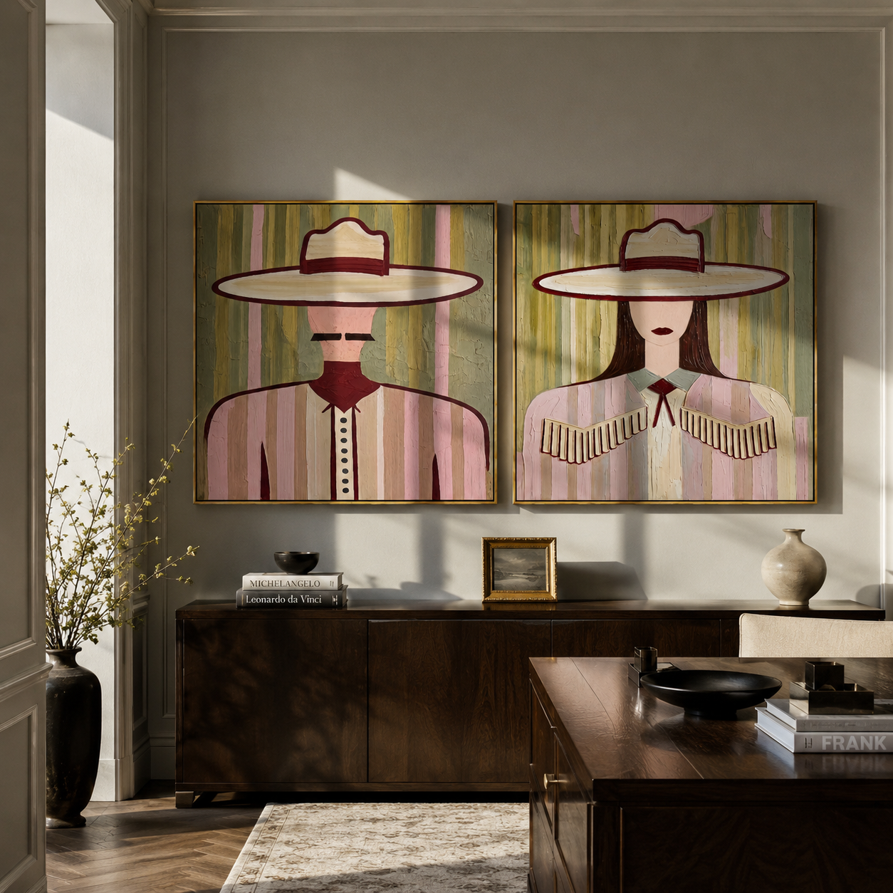 Pastel Brims Close Day paired wall art styled above modern furniture