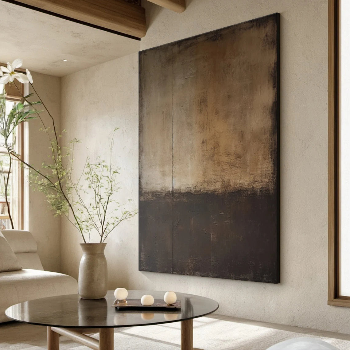 Echoes of Time – Wabi-Sabi Earthy Brown Abstract Painting | Minimalist Vertical Canvas Entryway Art