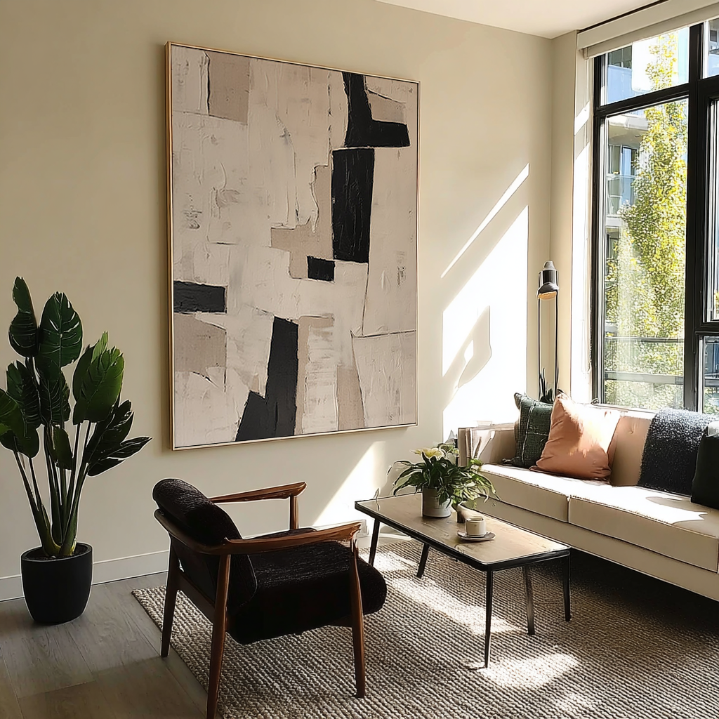 Earthen Monolith – Hand-Painted Black and Tan Palette Knife Wabi-Sabi Painting | Japandi Wabi-Sabi Living Room & Bedroom Art