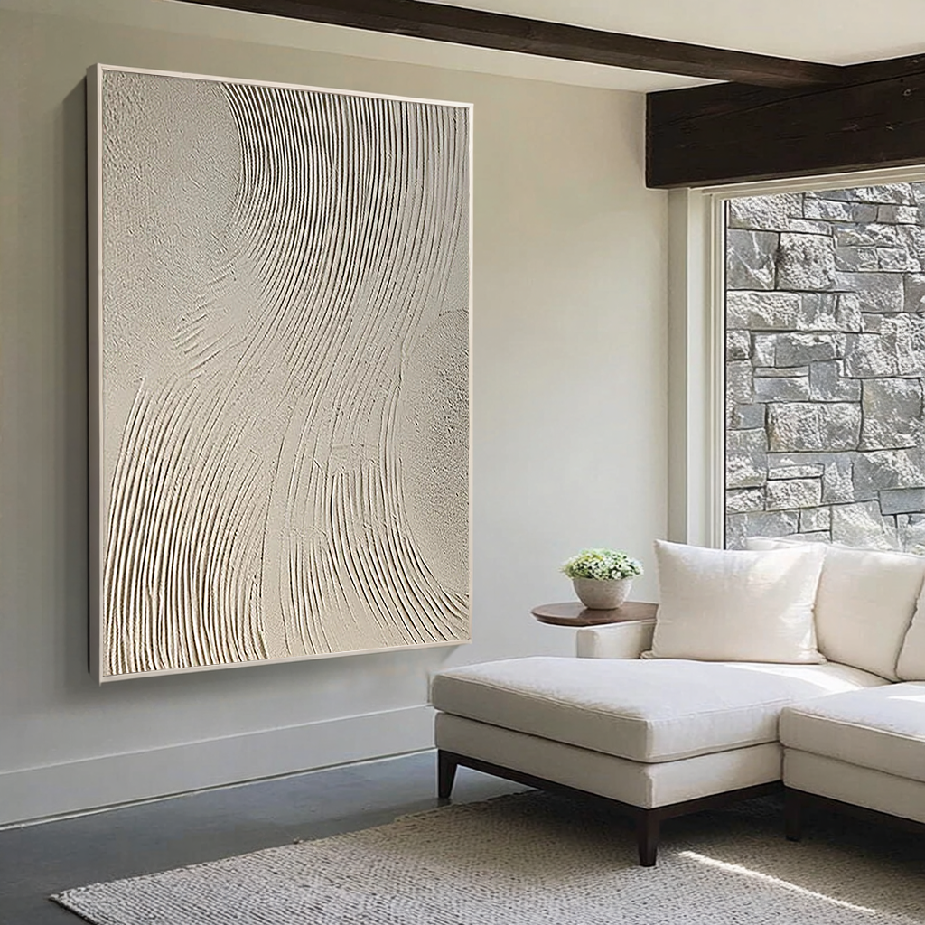 Desert Rhythm – Hand-Painted Minimalist Beige Linear Plaster Relief Wabi-Sabi Painting | Japandi Organic Wabi-Sabi Living Room & Hallway Art