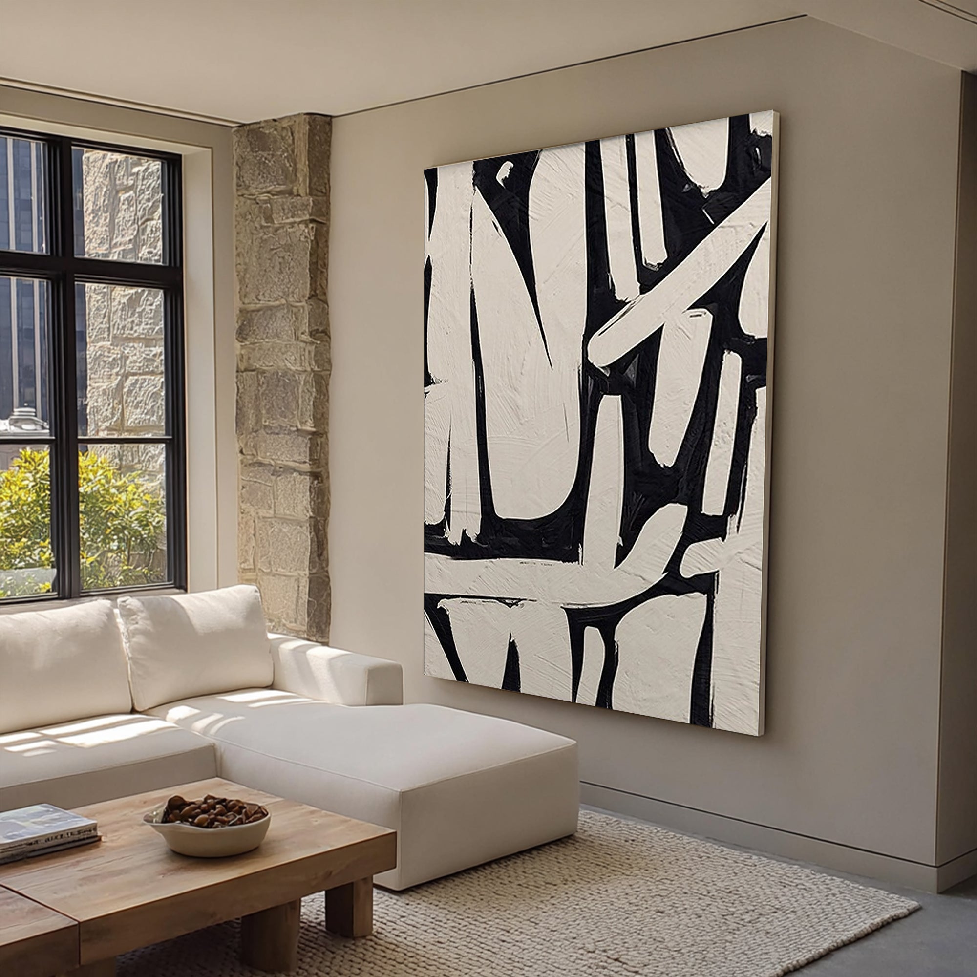 Monochrome Trace – Hand-Painted Black and Beige Palette Knife Wabi-Sabi Painting | Modern Noir Wabi-Sabi Living Room & Home Office Art
