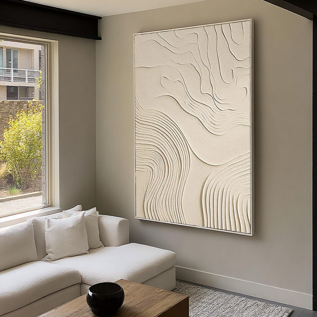 Zen Rhythm – Hand-Painted Minimalist Beige Plaster Effect Relief Wabi-Sabi Painting | Japandi Organic Wabi-Sabi Living Room & Hallway Art