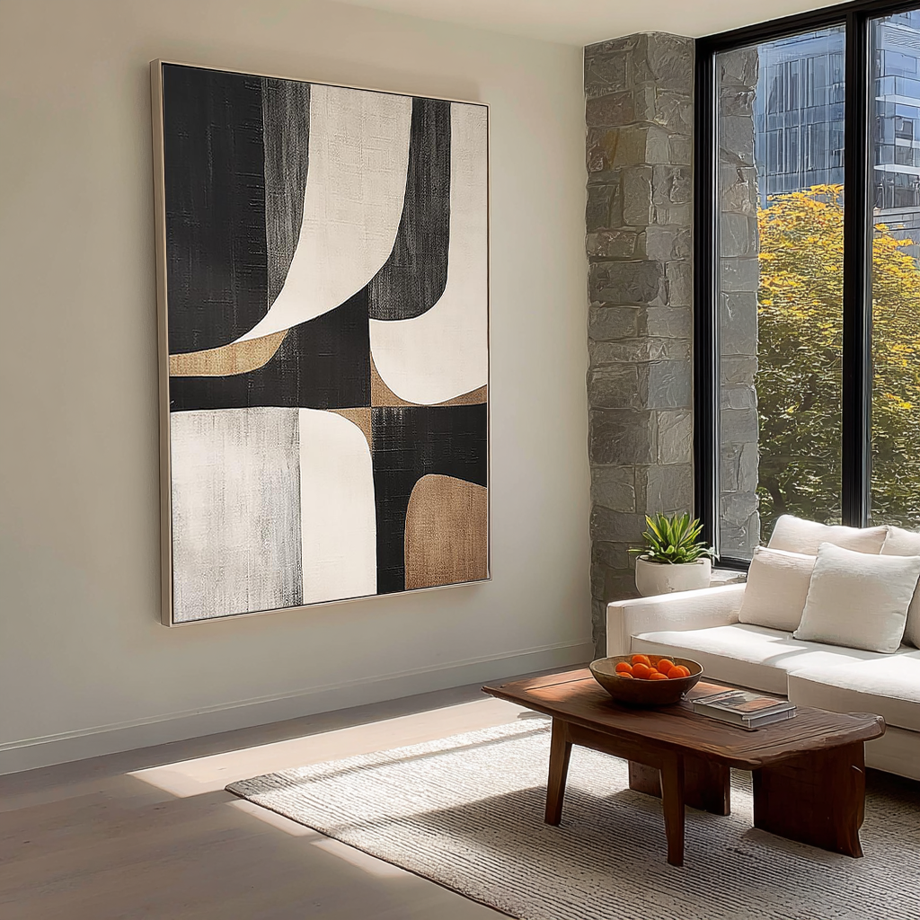 Balanced Geometric – Hand-Painted Black and Beige Minimalist Shapes Wabi-Sabi Painting | Japandi Organic Wabi-Sabi Living Room & Hallway Art