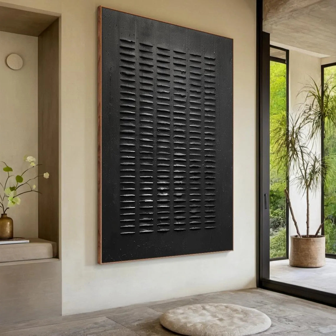 Onyx Matrix – Hand-Painted Minimalist All-Black Plaster Effect Wabi-Sabi Painting | Modern Noir Wabi-Sabi Living Room & Home Office Art
