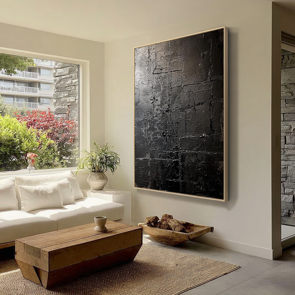 Charcoal Vestige – Hand-Painted Distressed Black Plaster Relief Wabi-Sabi Painting | Modern Noir Wabi-Sabi Living Room & Home Office Art
